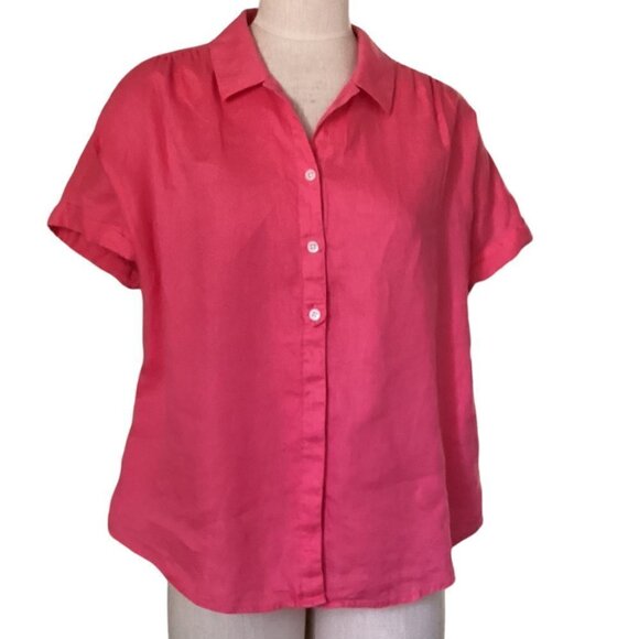 J. Jill Linen Short Sleeve Button Down Shirt Sz Petite Large Pink 68K - Picture 1 of 8